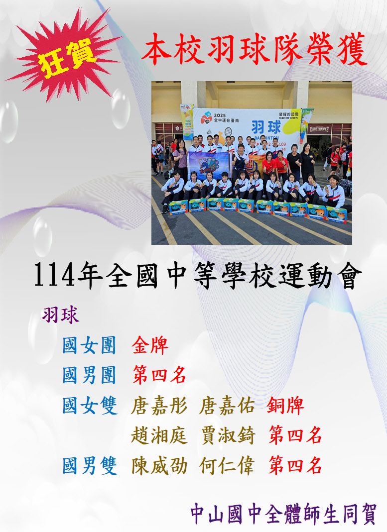 114年全國中等學校運動會羽球國女團金牌